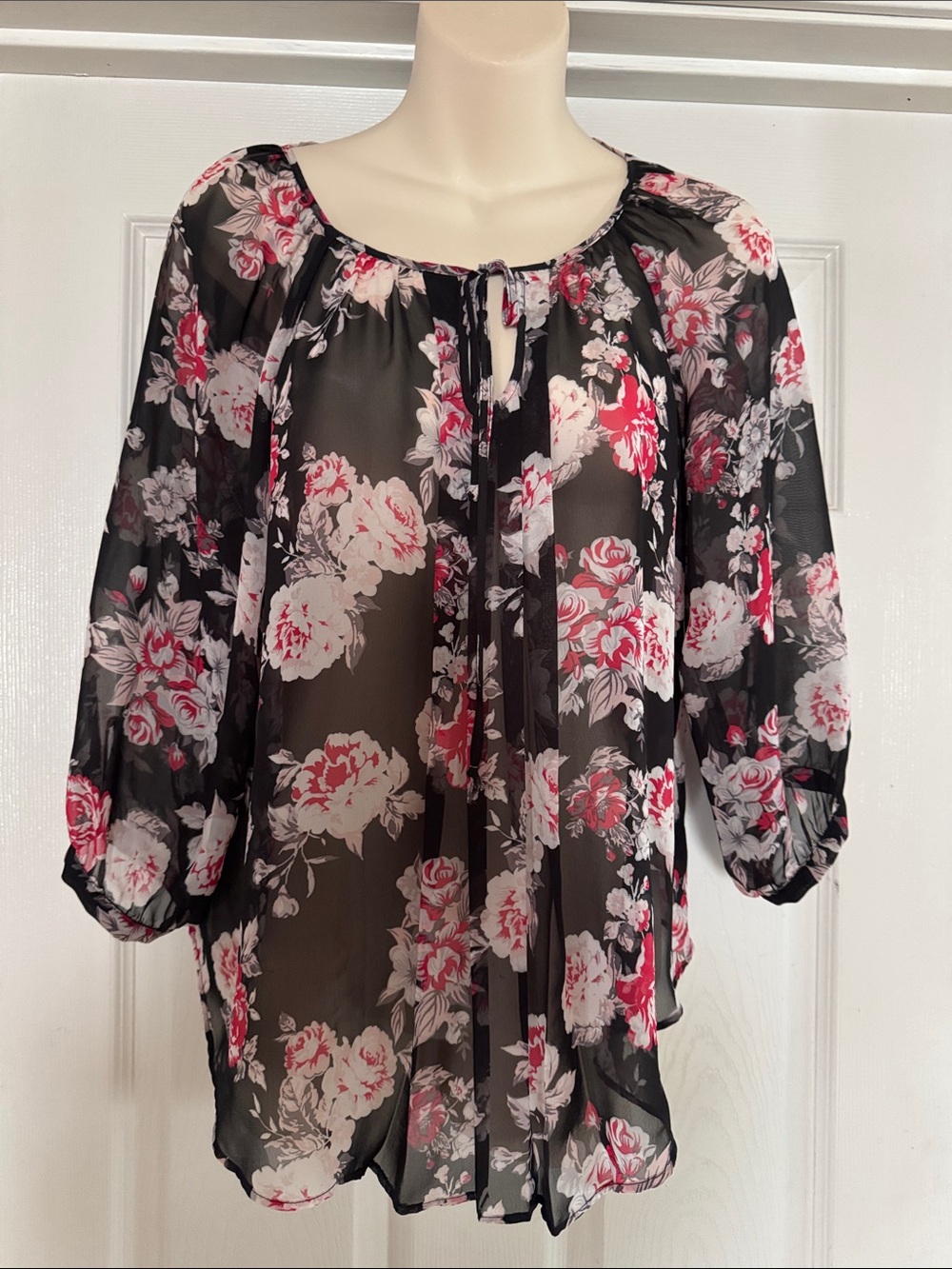 by & by Black Sheer Floral Tie-Front Blouse with Pink and White Blooms